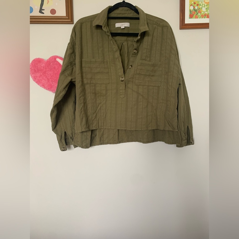 LOFT Petites Green Floral Collared Long Sleeve Top Size Large